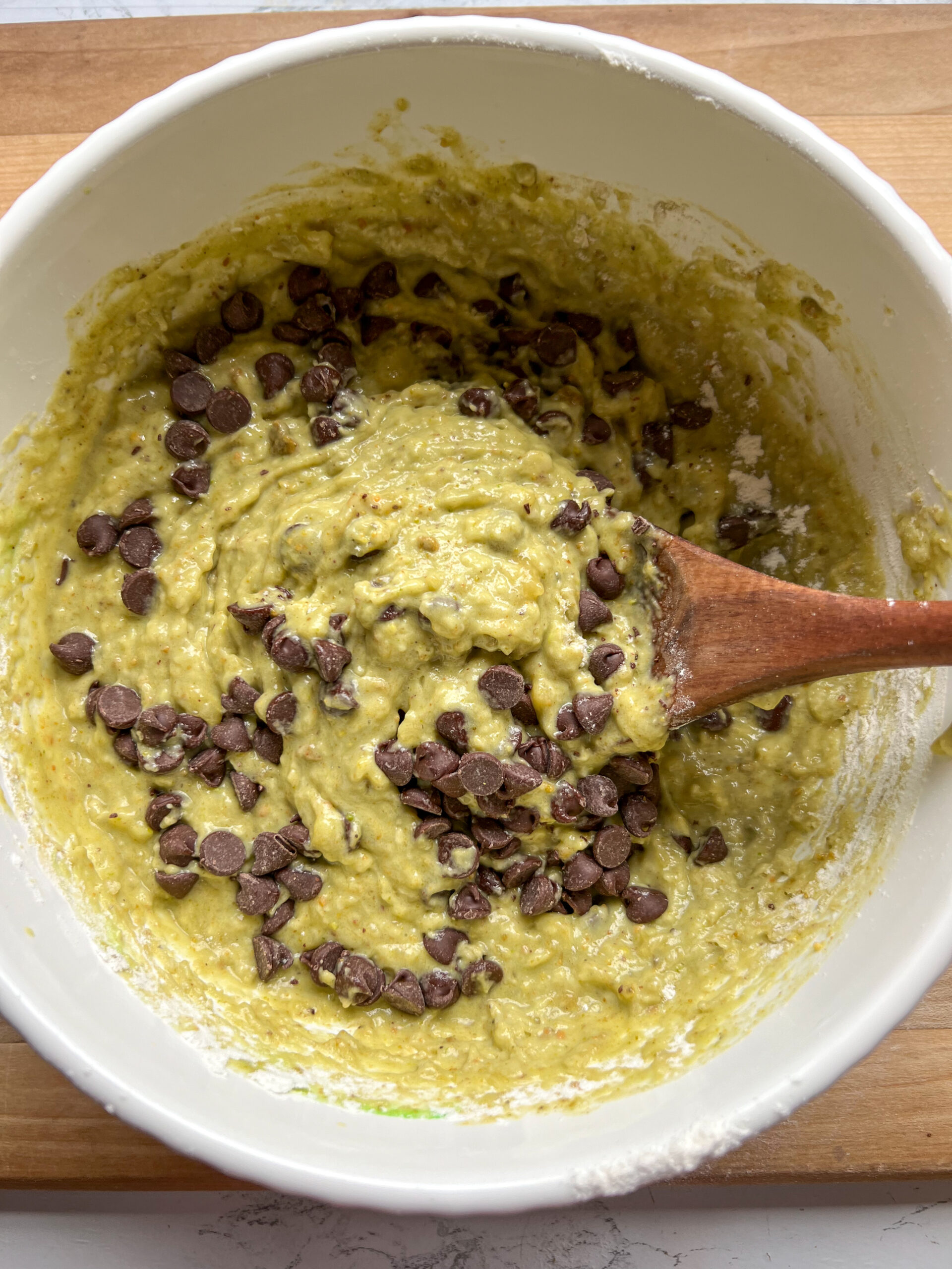 pistachio batter with chocolate chips
