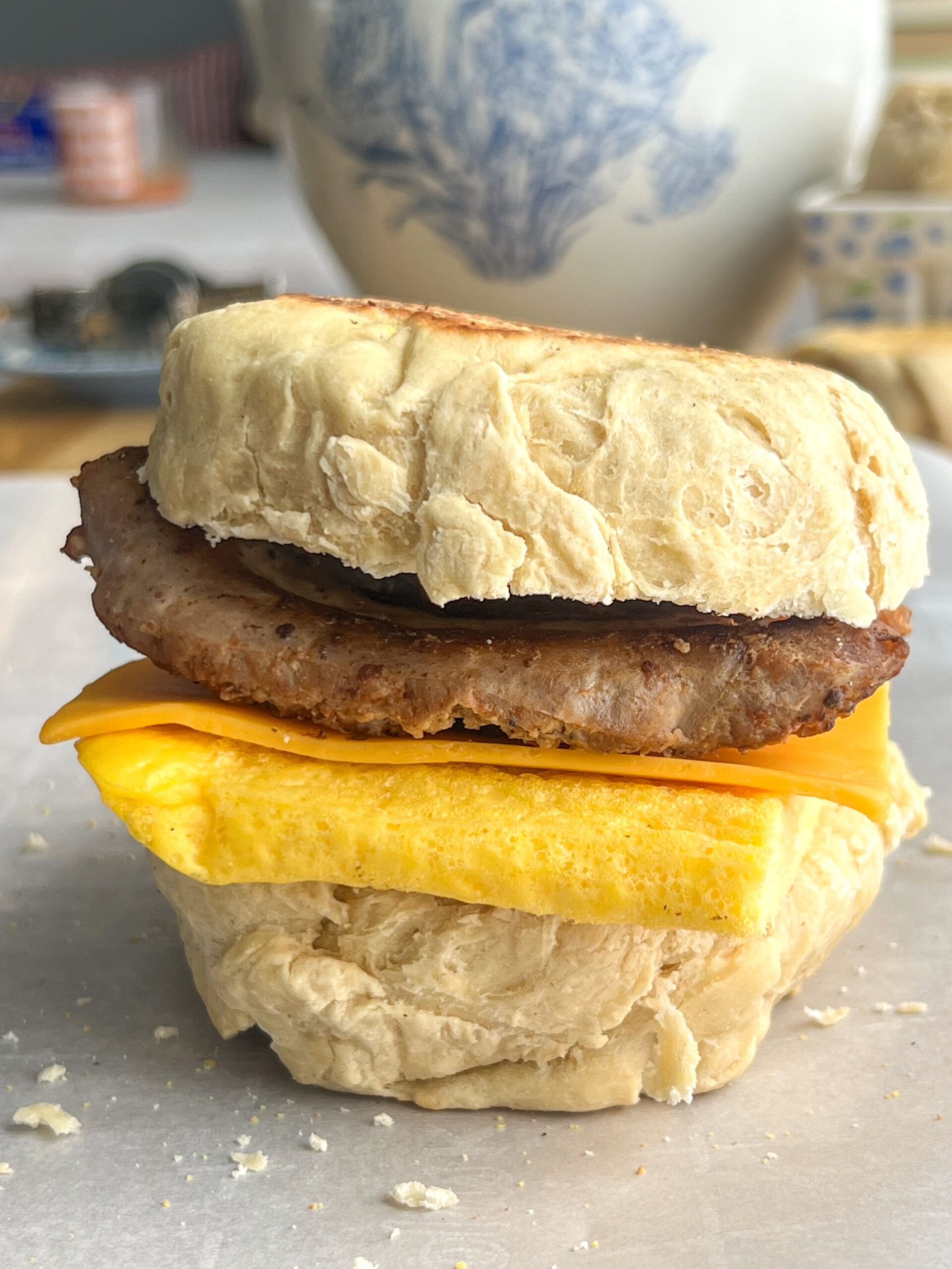 Sausage egg and cheese on english muffin