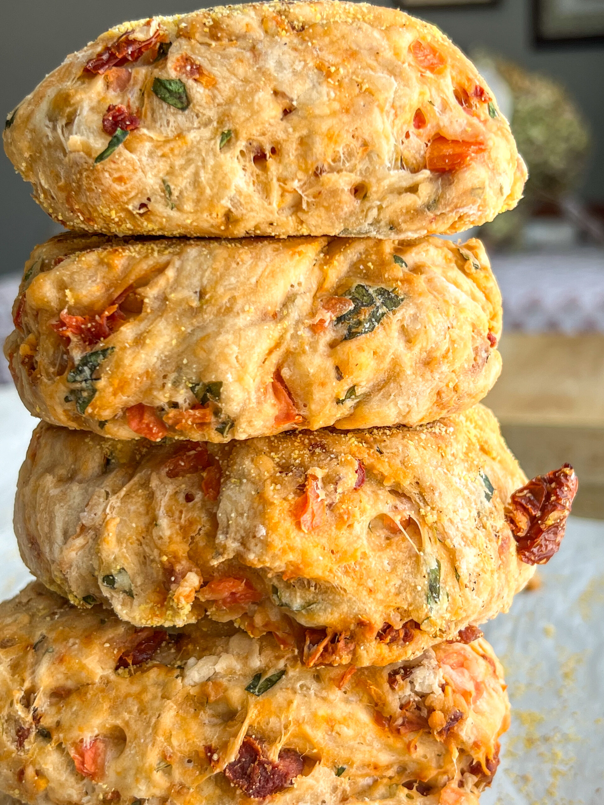 Stack of golden brown Bruschetta English Muffins