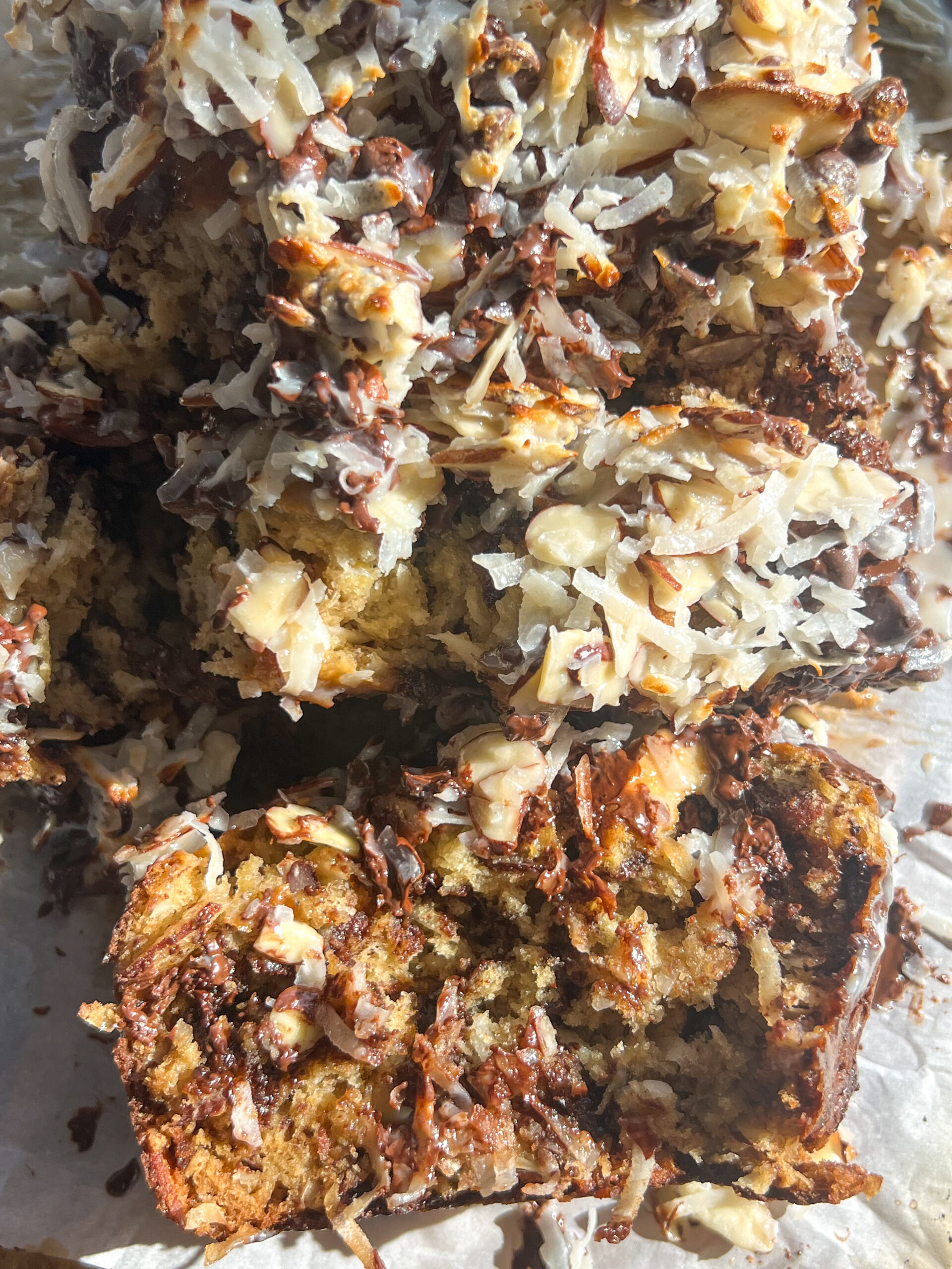 almond joy banana bread slices with shredded coconut