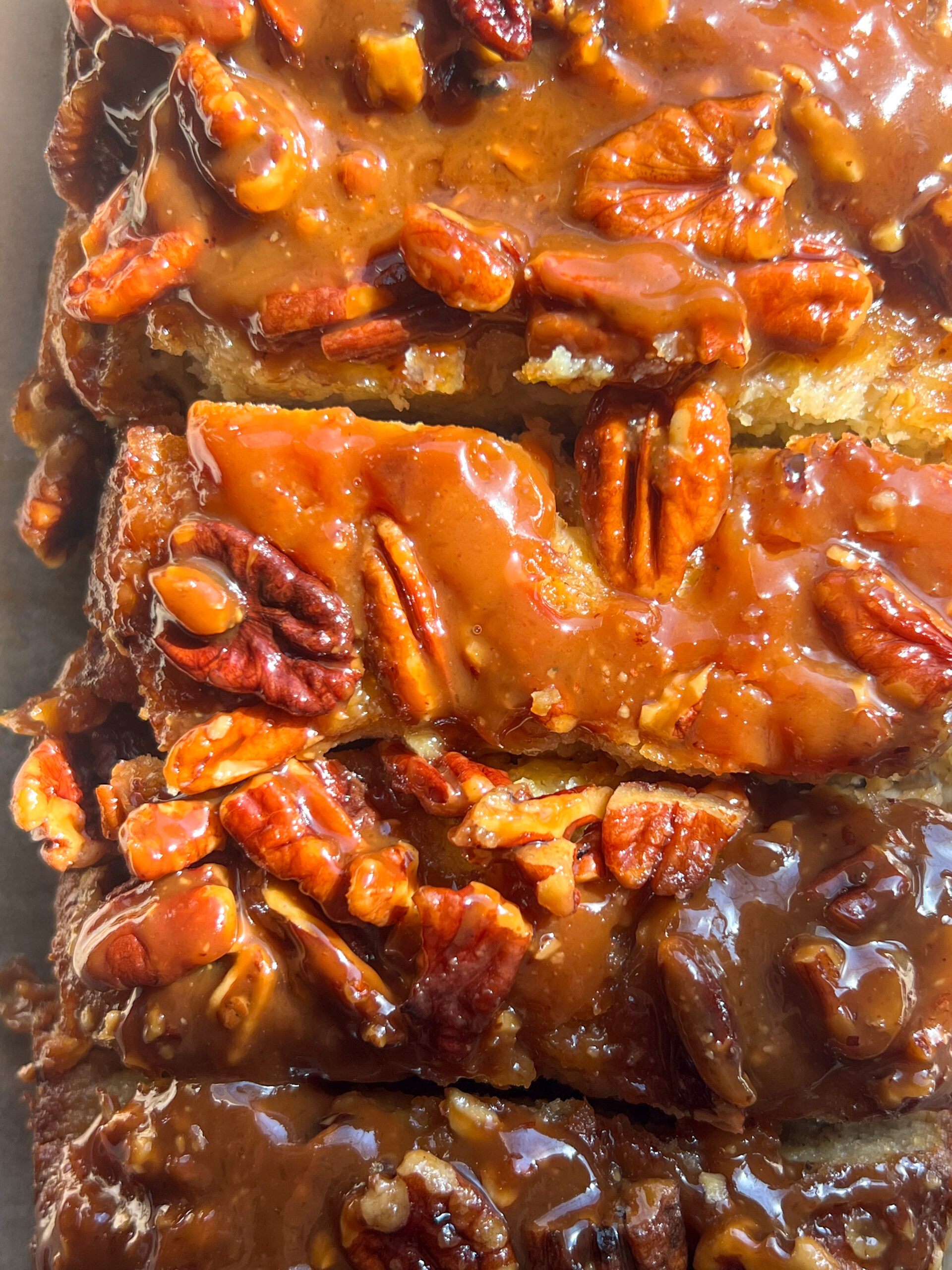 close up of sticky bun banana bread topping with sunlight