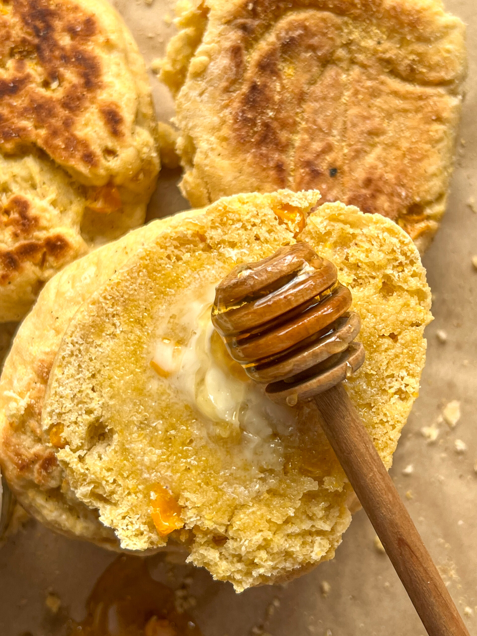 honey cornbread english muffins with honey and butter