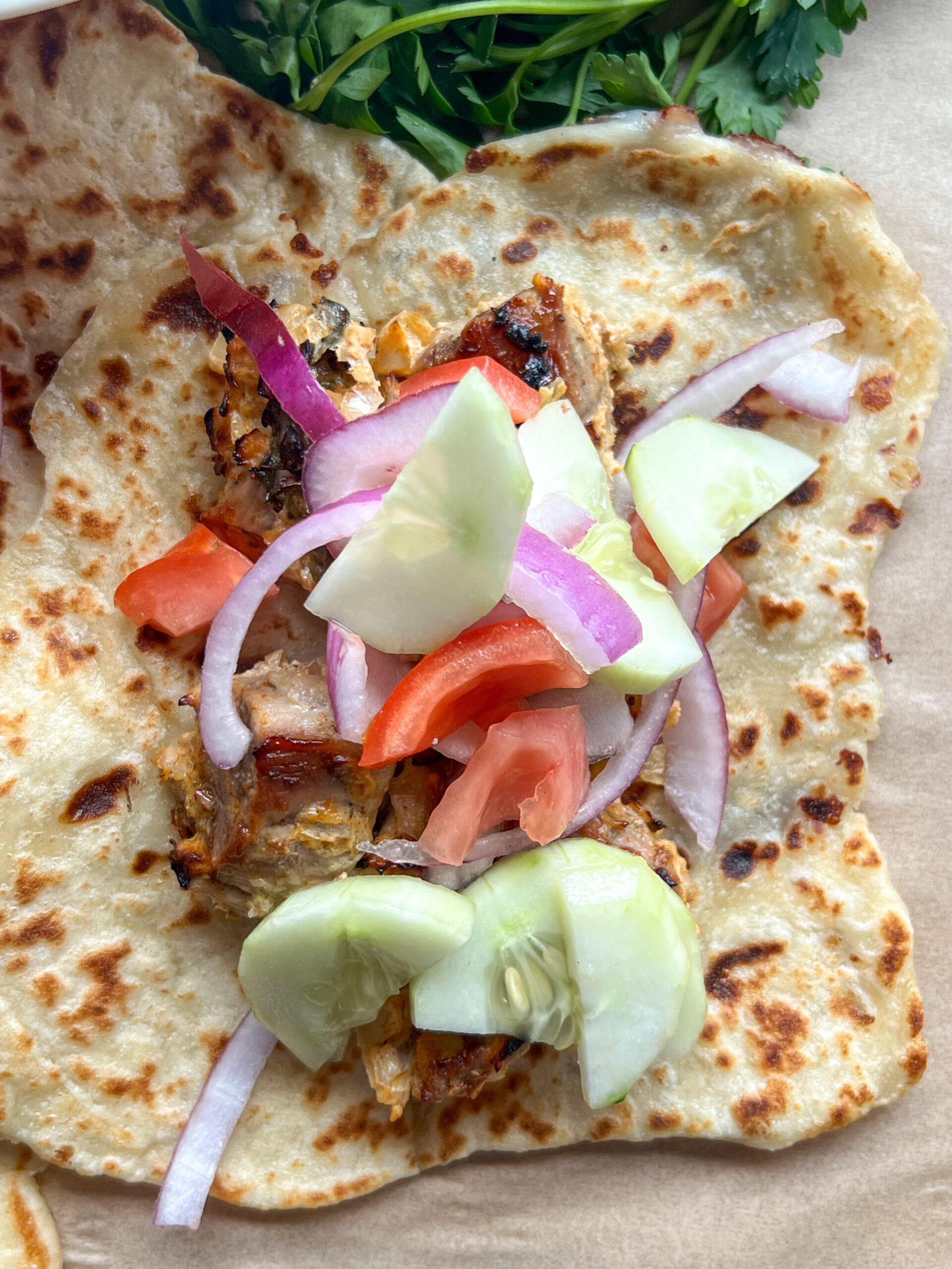 sheet pan pork souvlaki with cheesy naan