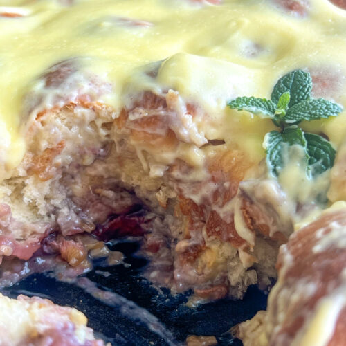 strawberry rhubarb milk bun skillet with custard topping