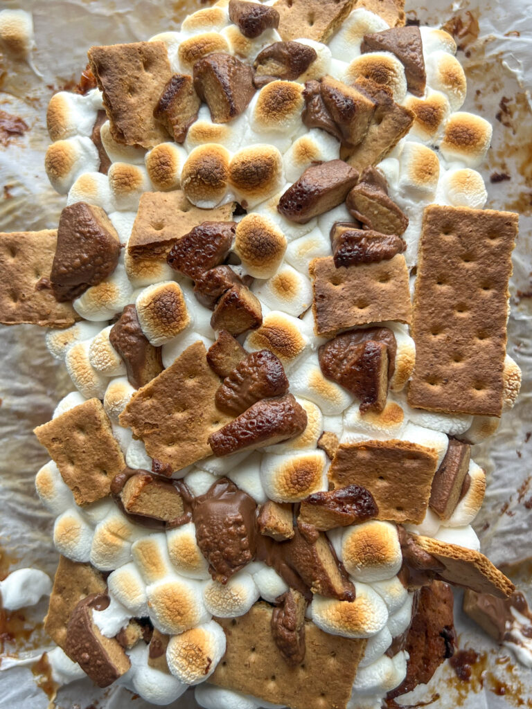 top of peanut butter s'mores banana bread with toasted marshmallows, chocolate, and graham crackers