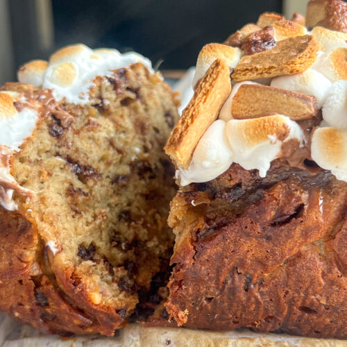 slice of peanut butter s'mores banana bread