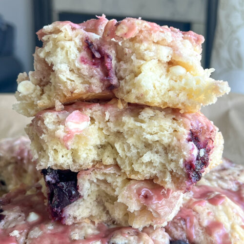 a stack of cherry white chocolate scones