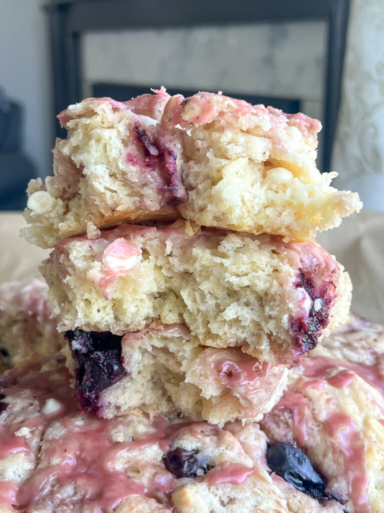 a stack of cherry white chocolate scones