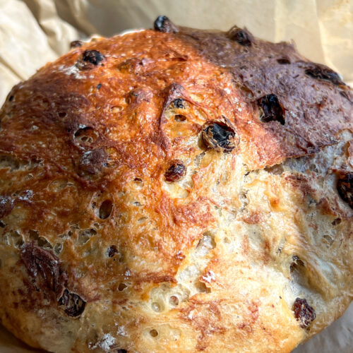 2 hour artisan cinnamon raisin bread with golden crust