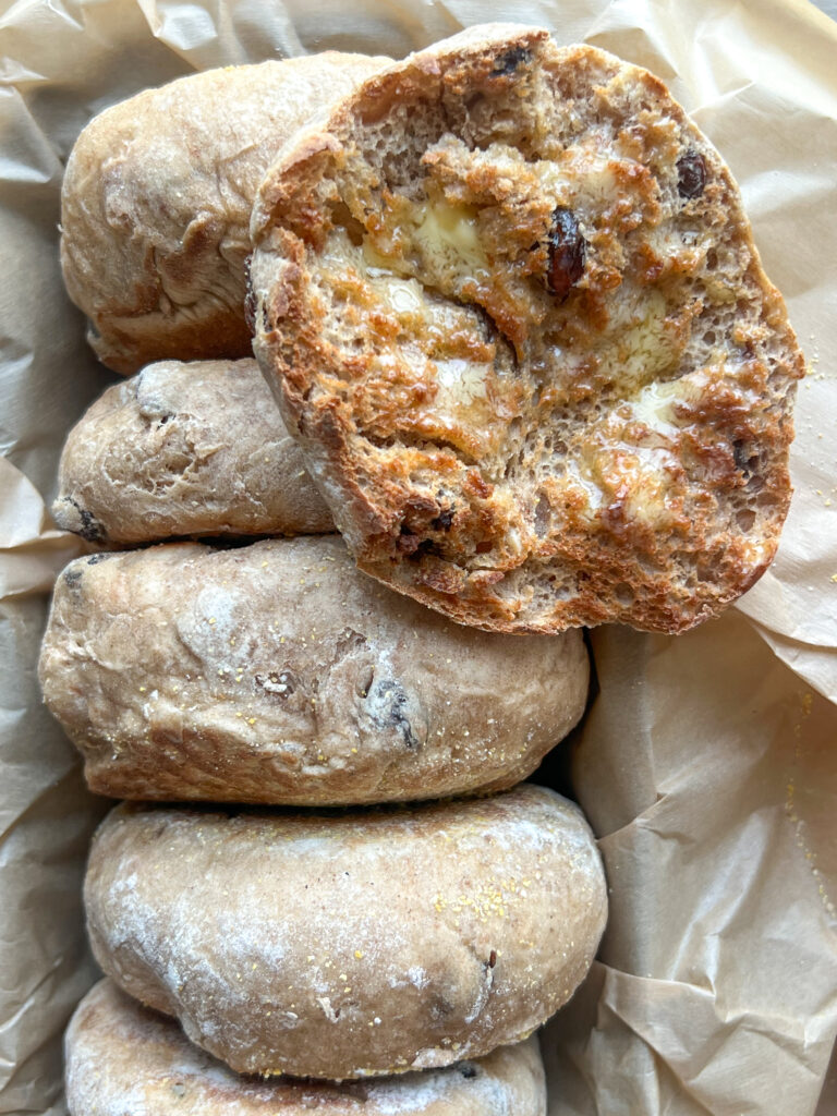 cinnamon raisin english muffins in loaf pan