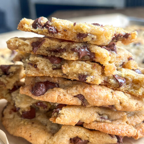 a stack of brown butter chocolate chip cookies