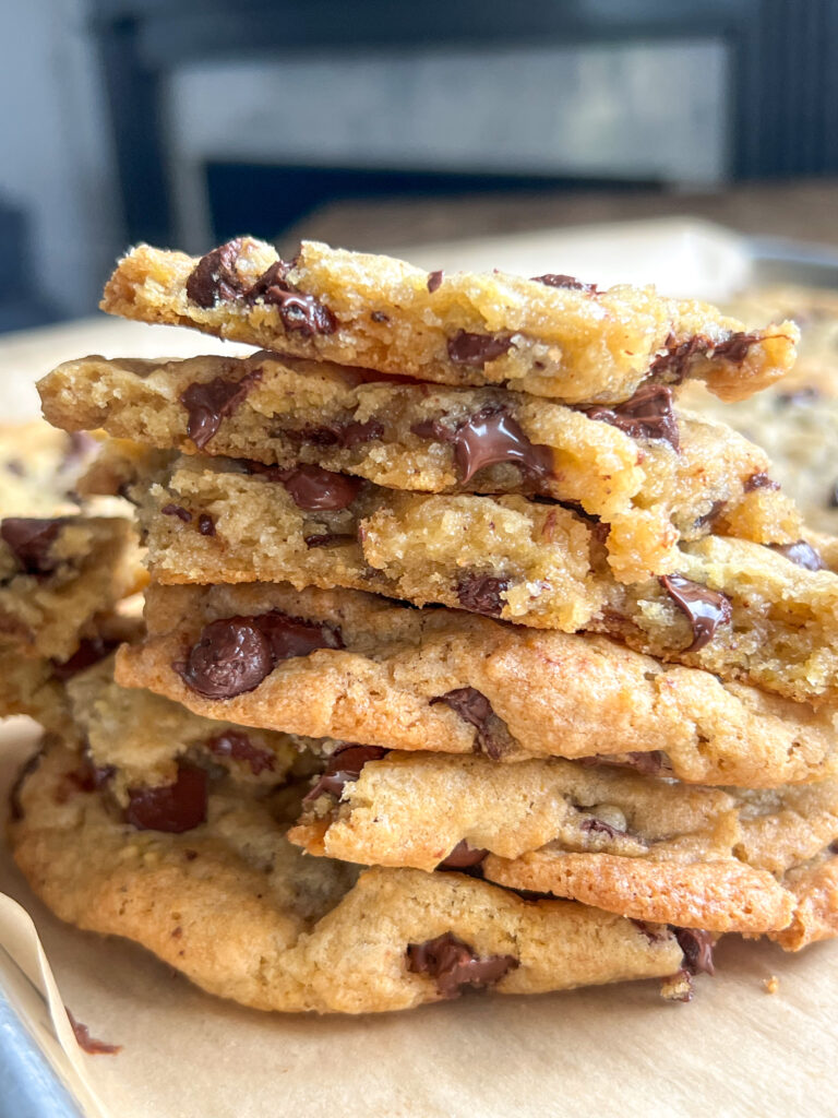 a stack of brown butter chocolate chip cookies