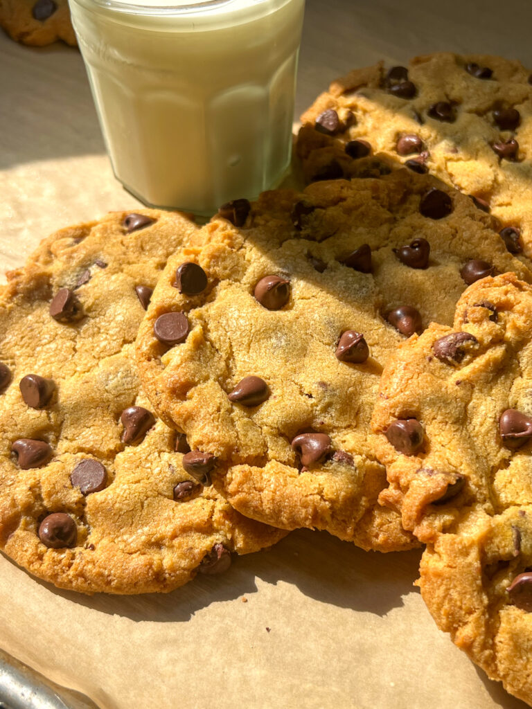 Chewy pumpkin chocolate chip cookies with a glass of milk