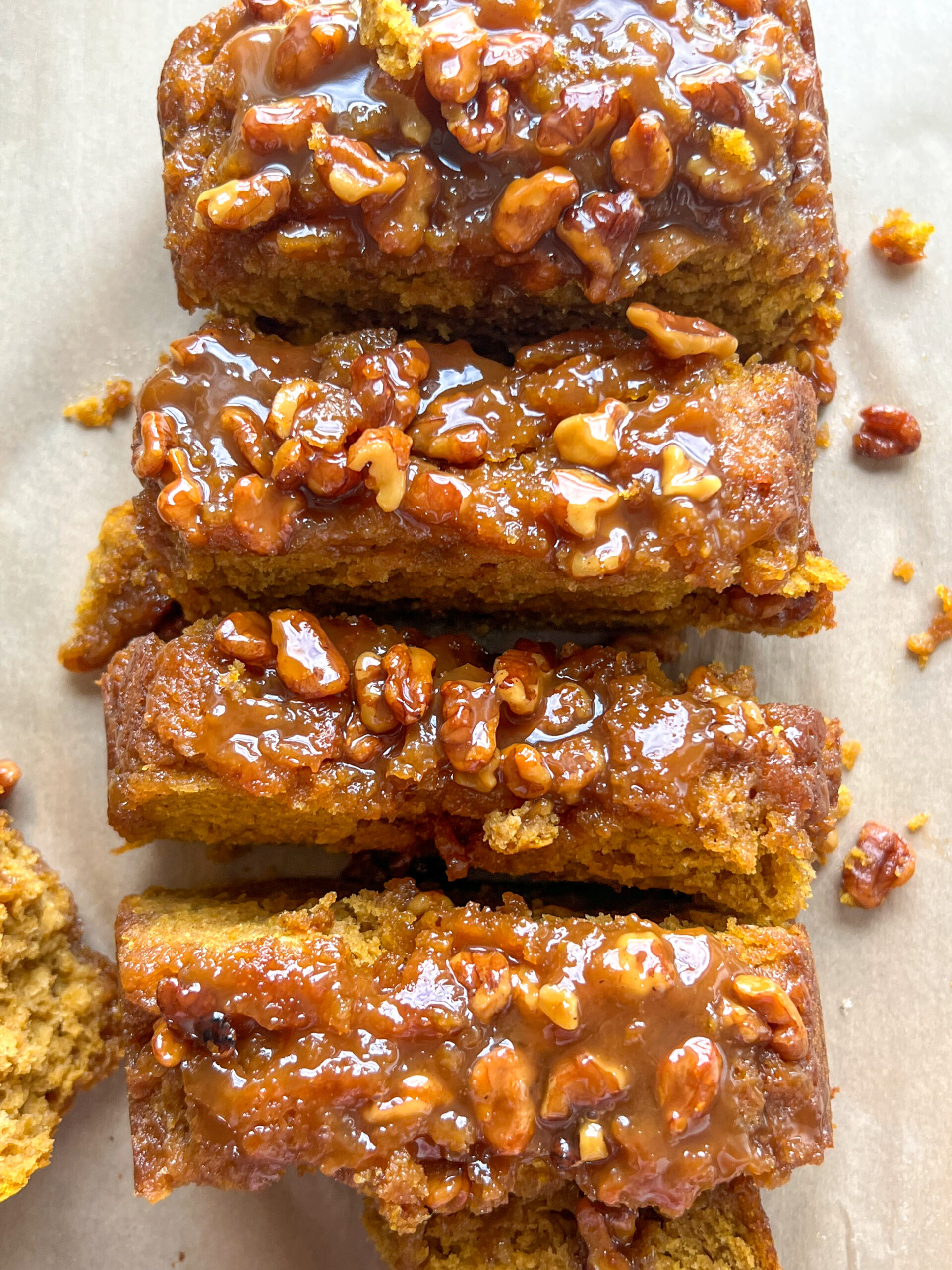 Sticky bun pumpkin bread on parchment paper