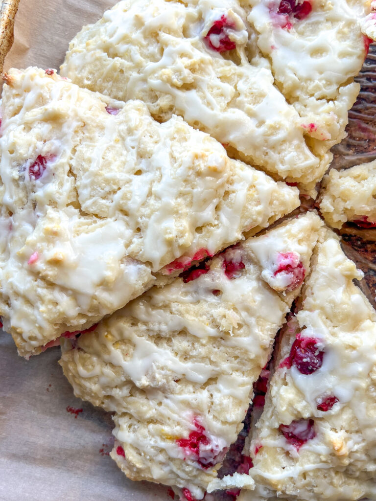 Cranberry Orange Buttermilk Scones on baking sheet