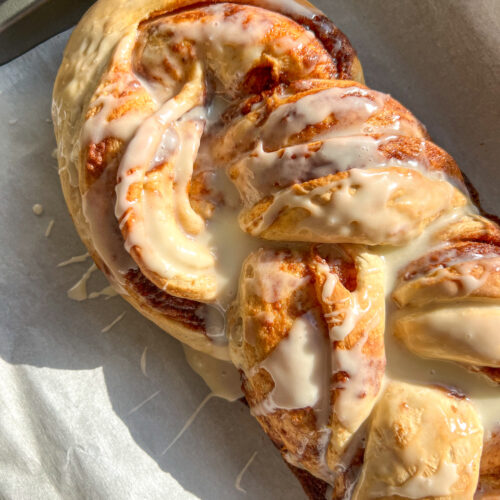 Cinnamon Roll Braided Bread on baking sheet
