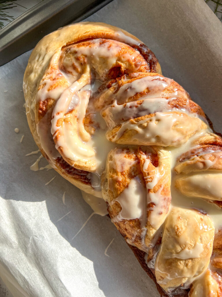 Cinnamon Roll Braided Bread on baking sheet