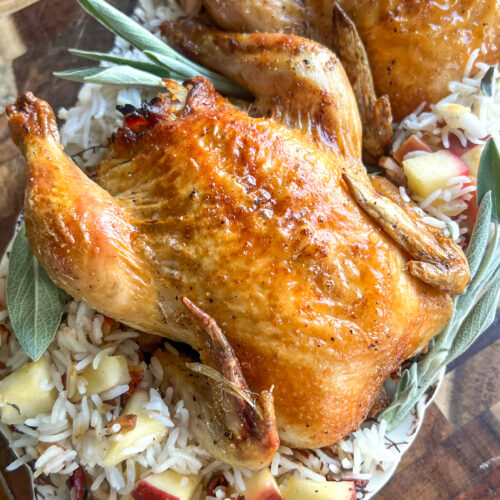 Cornish hens served over Apple Cranberry Rice stuffing