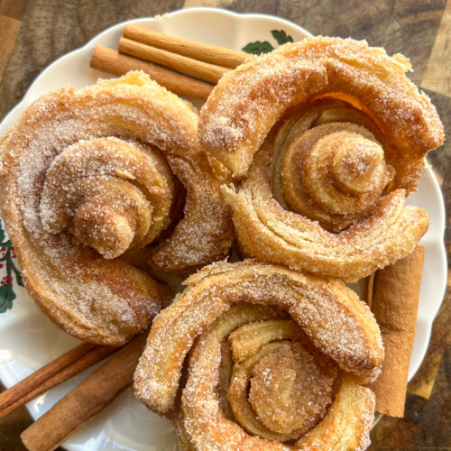 Shortcut Cinnamon Morning Buns on white plate and checkered cutting board