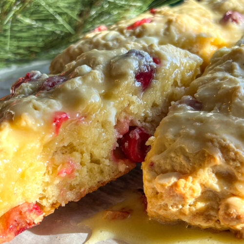 Eggnog White Chocolate Cranberry Scones with a glaze