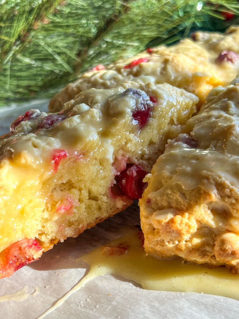 Eggnog White Chocolate Cranberry Scones with a glaze