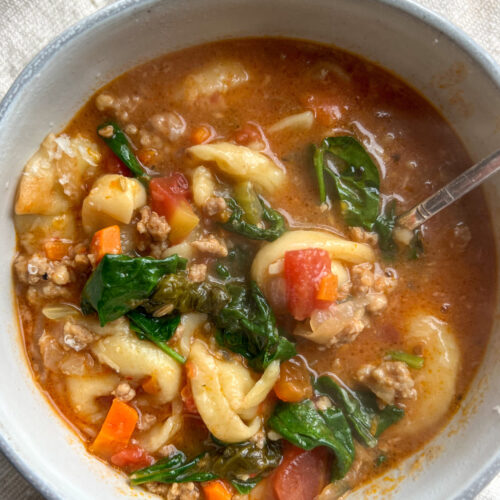 Zuppa Toscana in a grey ceramic bowl