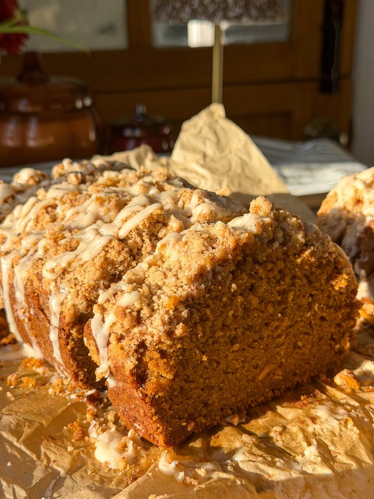 Pumpkin Coffee Cake Loaf with Maple Glaze